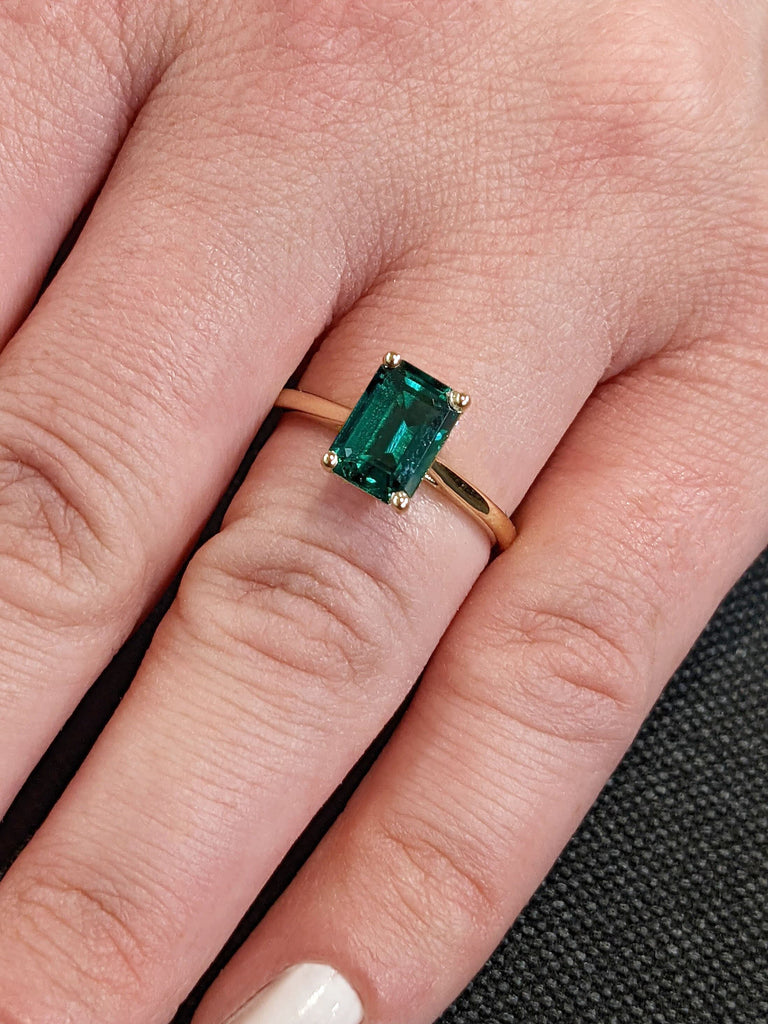 2ct Lab Emerald Solitaire Engagement Cocktail Ring for Her Yellow Gold High Setting Green Gemstone Unique Proposal Ring