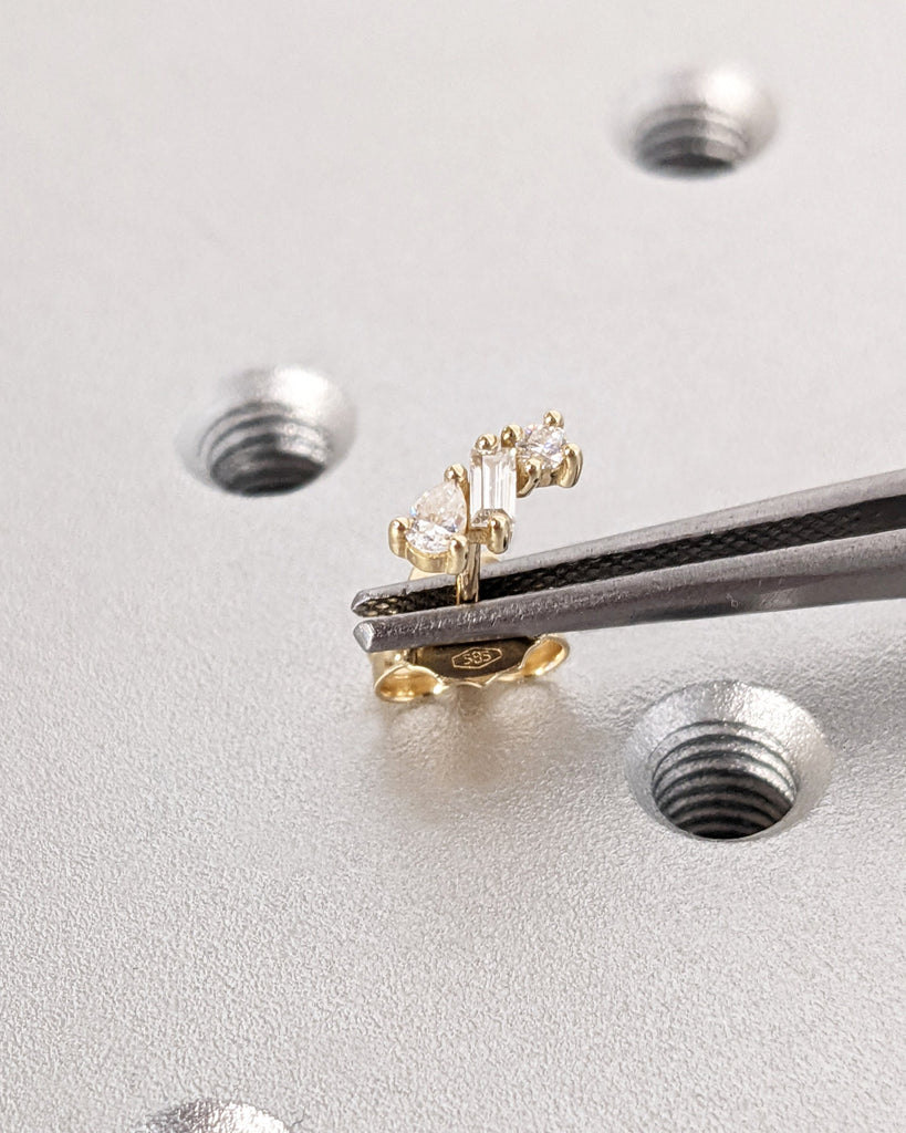 Solid Gold Minimalist Set: Diamond Earring Studs, Multi Shape Natural Diamonds, Dainty Everyday Ear Stack, Ready to Gift Set, Cluster Studs