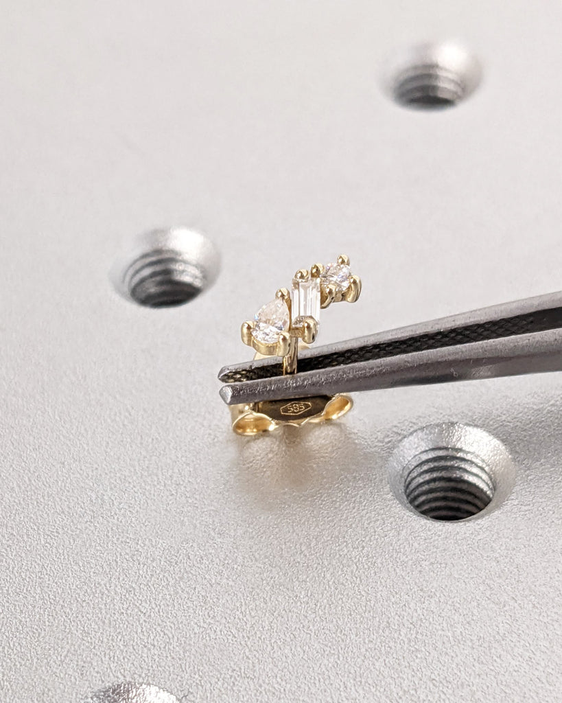Solid Gold Minimalist Set: Diamond Earring Studs, Multi Shape Natural Diamonds, Dainty Everyday Ear Stack, Ready to Gift Set, Cluster Studs