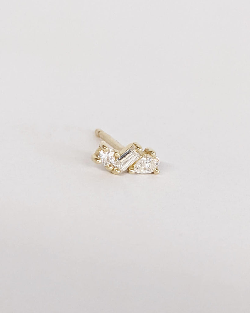 Art Deco Diamond Stud Earrings • 14K Gold • Lightweight Pear Baguette Round Earrings Multi Shape Diamonds • Bridal Wedding Anniversary Gift