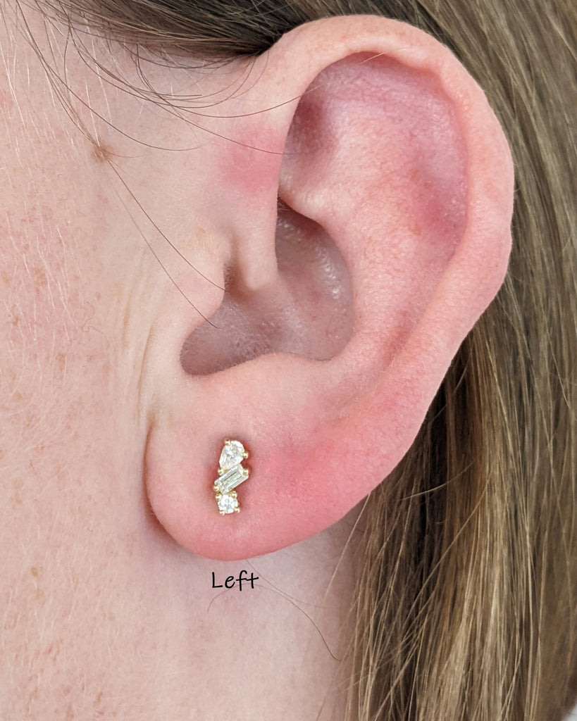 Solid Gold Minimalist Set: Diamond Earring Studs, Multi Shape Natural Diamonds, Dainty Everyday Ear Stack, Ready to Gift Set, Cluster Studs
