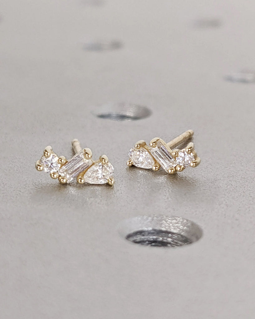 Solid Gold Minimalist Set: Diamond Earring Studs, Multi Shape Natural Diamonds, Dainty Everyday Ear Stack, Ready to Gift Set, Cluster Studs