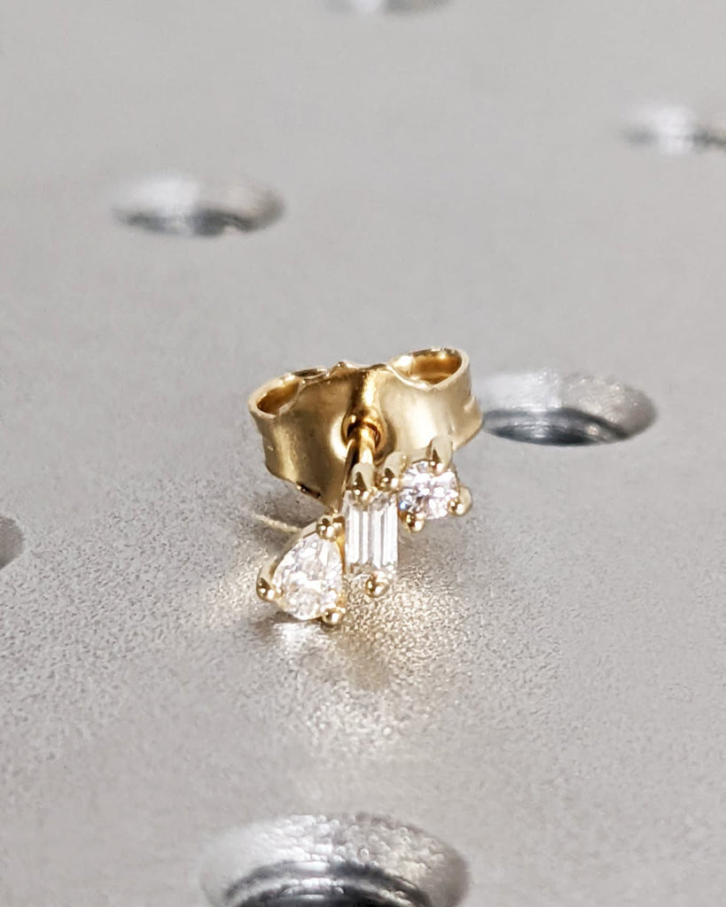 Lab Diamond Cluster Stud Earrings - Single (Half Pair) or Set - Pear Baguette Round Lab Diamonds - 14K 18K Gold Platinum - Unique Gift Idea