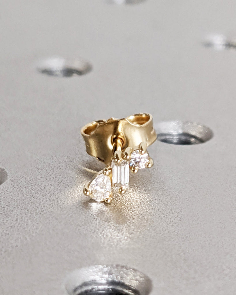 Solid Gold Minimalist Set: Diamond Earring Studs, Multi Shape Natural Diamonds, Dainty Everyday Ear Stack, Ready to Gift Set, Cluster Studs