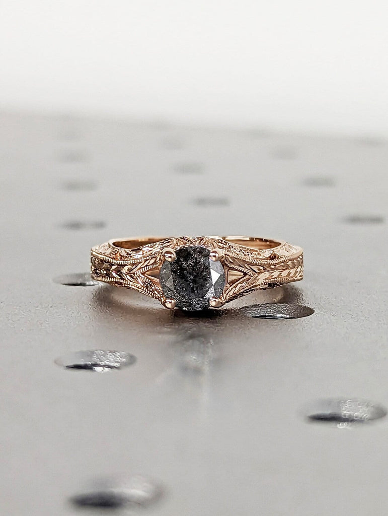 Round cut Salt and Pepper Grey Diamond Solitaire Vintage Engagement Ring | 14K Rose Gold Art Deco Filigree Statement Ring | Bridal Jewelry