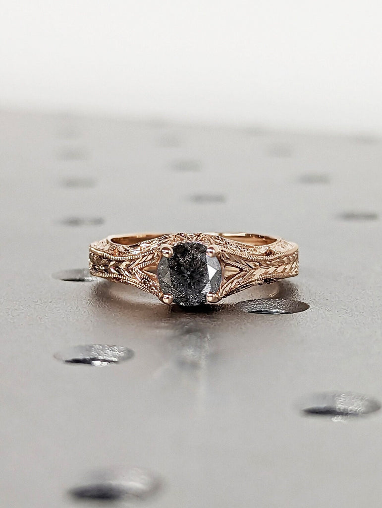 0.5ct Round cut Salt and Pepper Grey Diamond Solitaire Vintage Inspired Engagement Ring with Milgrain and Filigree Engraving
