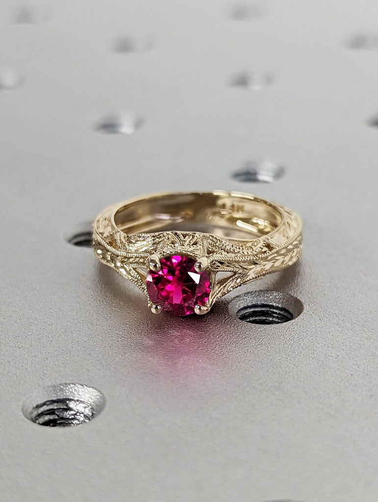 Vintage Inspired Lab Ruby Solitaire Engagement Cocktail Ring for Her | Filigree Milgrain Engraved Yellow Gold Band | July Birthstone Ring