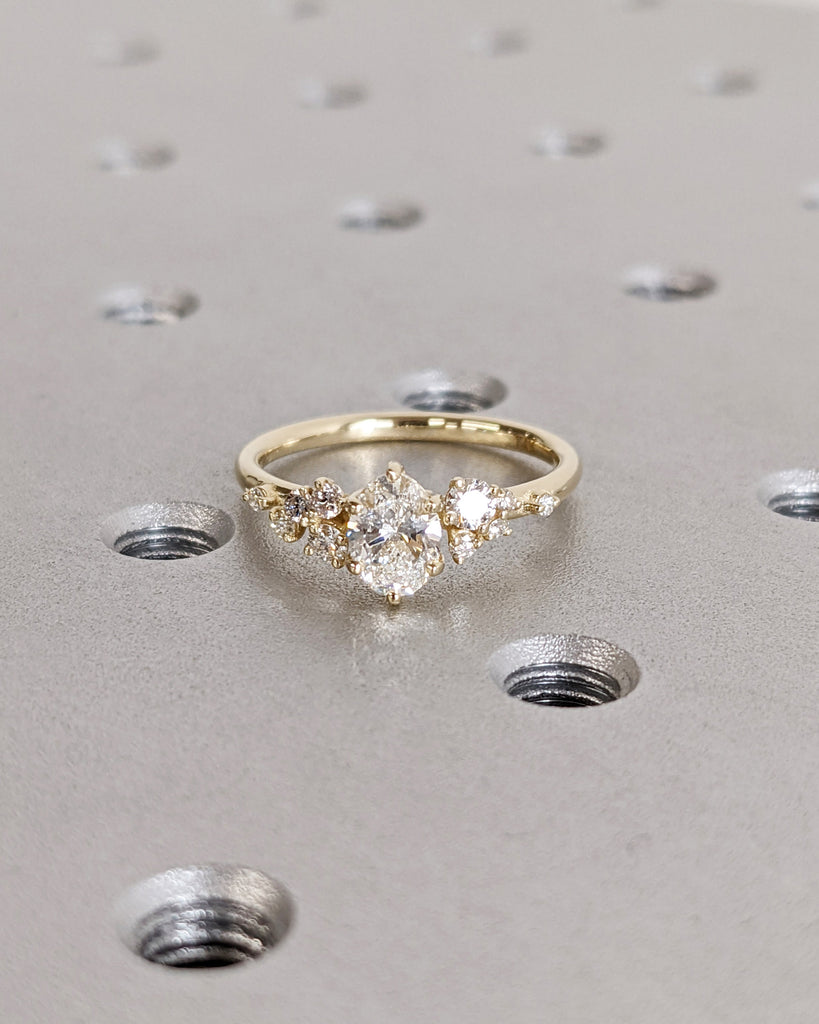 Oval Cut Moissanite Ring Vintage Moissanite Engagement Ring Solid Gold Unique Snowdrift 6 Prongs Engagement Ring Diamond Clusters Art Deco