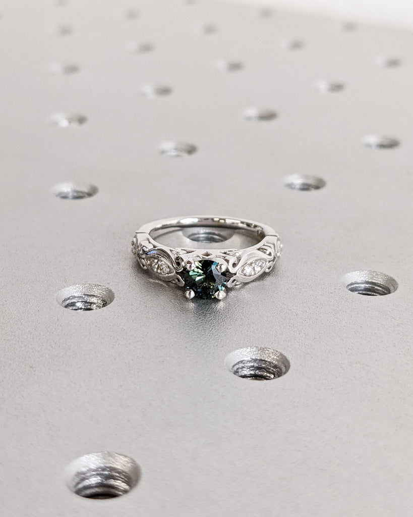 Peacock Sapphire Engagement Ring Vintage Round Cut Dark Green Sapphire 14K White Gold Teal Sapphire Diamond Eternity Ring Anniversary Gift