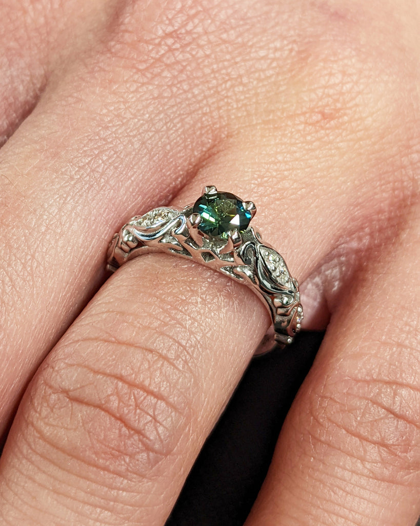 Peacock Sapphire Engagement Ring Vintage Round Cut Dark Green Sapphire 14K White Gold Teal Sapphire Diamond Eternity Ring Anniversary Gift