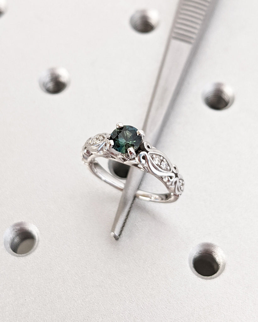 Peacock Sapphire Engagement Ring Vintage Round Cut Dark Green Sapphire 14K White Gold Teal Sapphire Diamond Eternity Ring Anniversary Gift