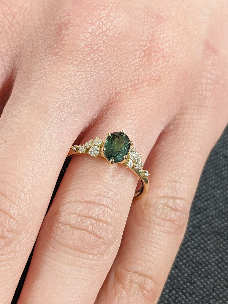 1ct Oval cut Montana Teal Sapphire Diamond Moissanite Snowdrift Cluster 18K Yellow Gold Engagement Ring for Her