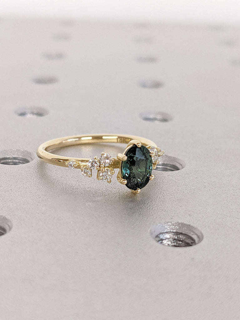 Oval cut Natural Blue Green Sapphire Moissanite Cluster Snowdrift 18K Yellow Gold Proposal Cocktail Ring for Her