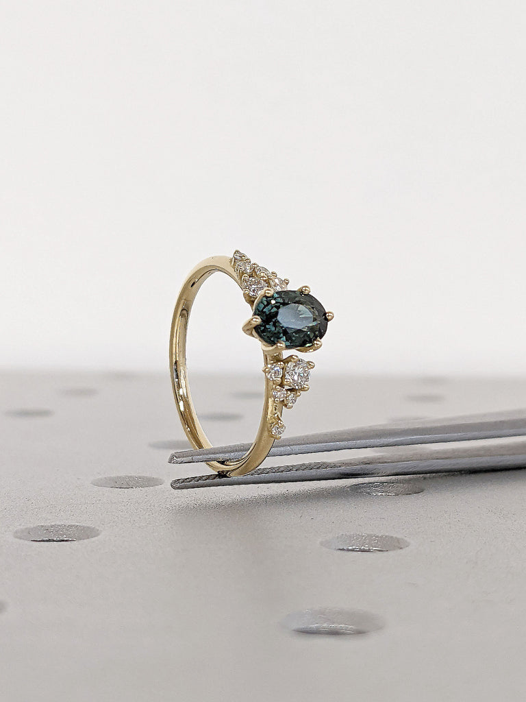 Oval cut Peacock Sapphire Round Diamond Snowdrift Cluster 14K 18K Yellow Gold Wedding Anniversary Cocktail Ring for Her