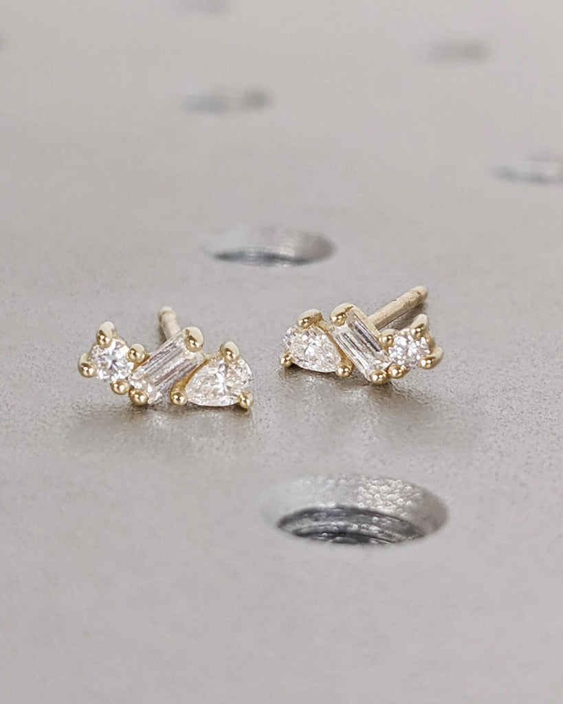 Tiny Lab Diamond Studs / 14k Mini Trio Lab Made Diamond Stud Earrings / Multi Shapes Lab Diamond Cluster Earrings / Birthday Gift for Her