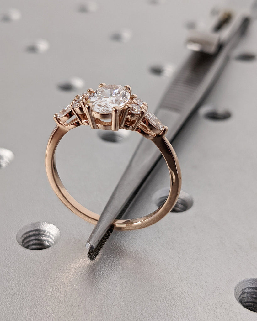 Lab Diamond Oval Engagement Ring, Oval Lab Diamond and Multi-Stone Wedding Ring, Rose Gold Lab Diamond Ring, Cluster Ring, Anniversary Gift