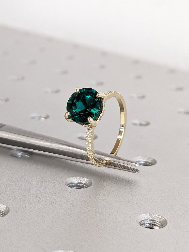 3ct Round Green Lab Grown Emerald Diamond Hdden Halo 14K Yellow Gold Engagement Cocktail Ring