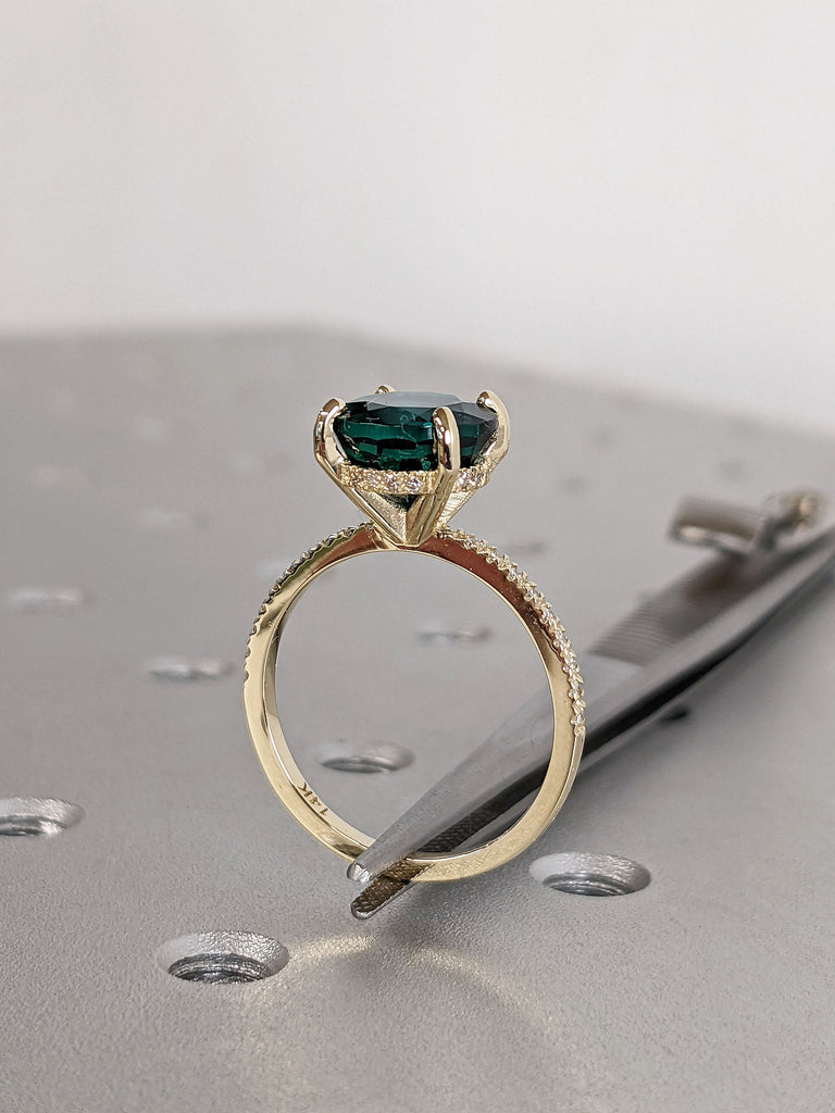 May Birthstone Lab Created Emerald Moissanite Hidden Halo Yellow Gold Promise Ring