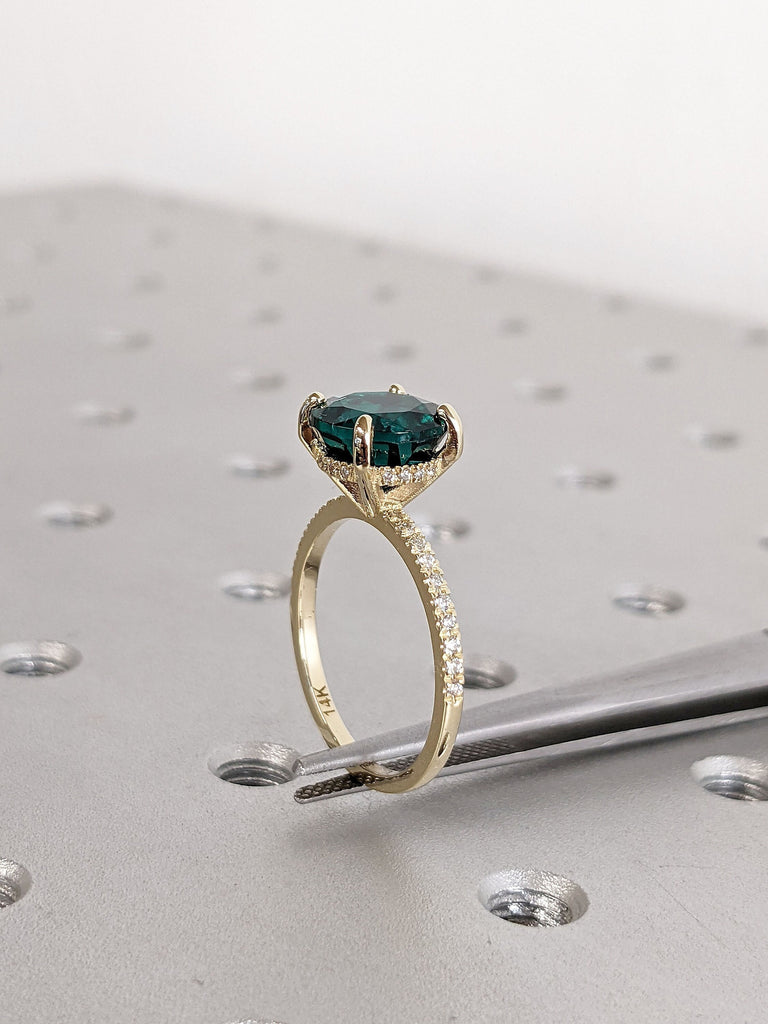 Round cut Lab Grown Emerald Diamond Hidden Halo 14K Yellow Gold Wedding Anniversary Ring