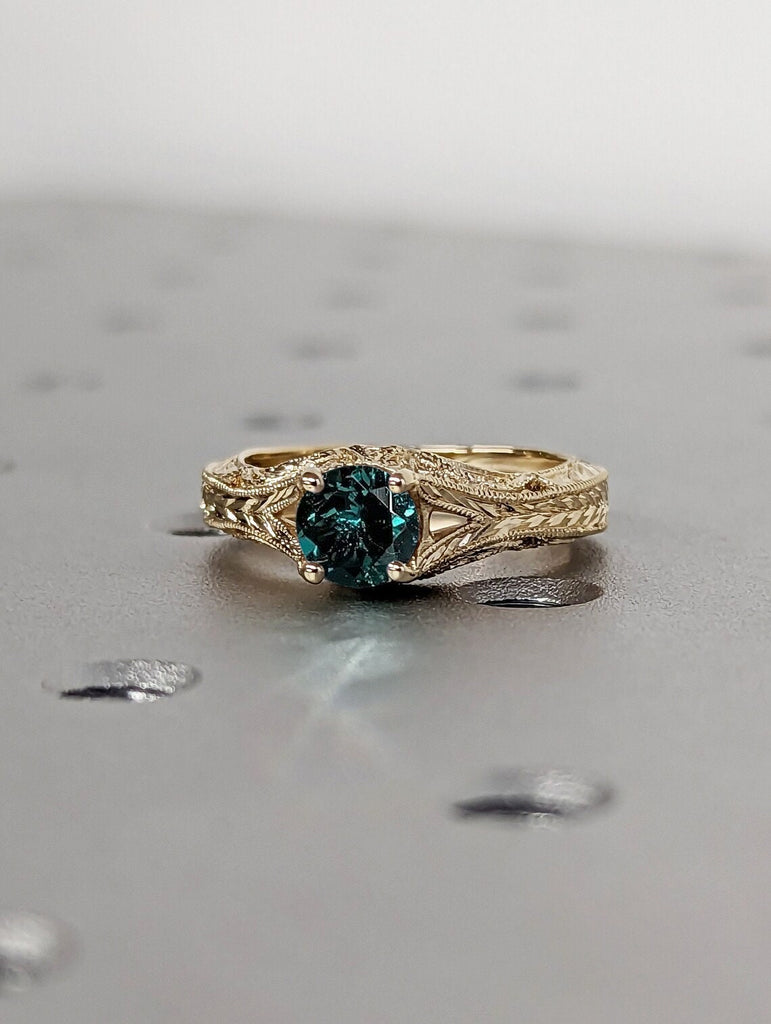 Vintage Inspired Round cut Lab Emerald Solitaire Women Wedding Anniversary Ring | 14K 18K Yellow Gold Milgrain Filigree Engraving Jewelry