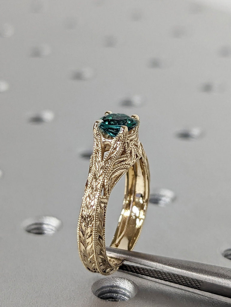 Round cut Lab Culturd Emerald Solitaire Antique 14K 18K Yellow Gold Milgrain and Filigree Engraving Proposal Ring