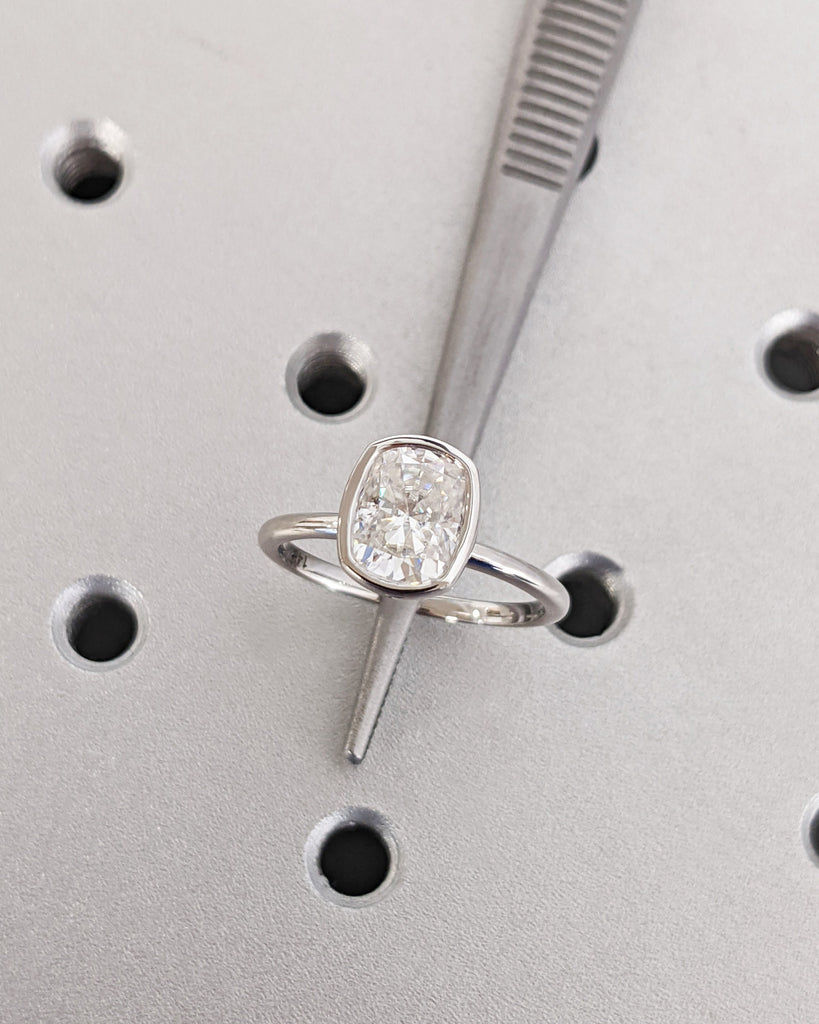 Elongated Cushion Cut Moissanite Engagement Ring, Solitaire Bezel Set Ring, 14K White Gold Ring, Minimalist Wedding Anniversary Promise Ring