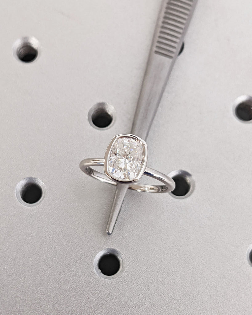 Elongated Cushion Cut Moissanite Engagement Ring / Solitaire Bezel Set Ring / 14K White Gold Ring / Bridal Wedding Anniversary Proposal Ring