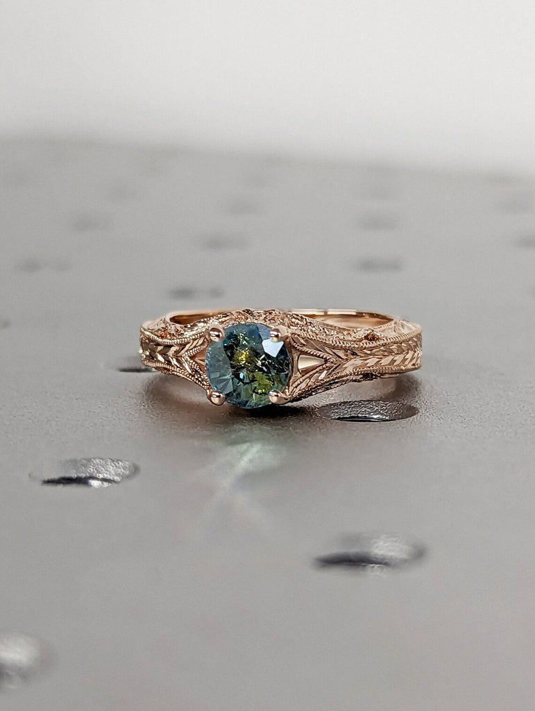 Art Deco Split Shank Montana Teal Sapphire Engagement Cocktail Ring | 14K 18K Rose Gold Milgrain Filigree Engraving Women Wedding Band