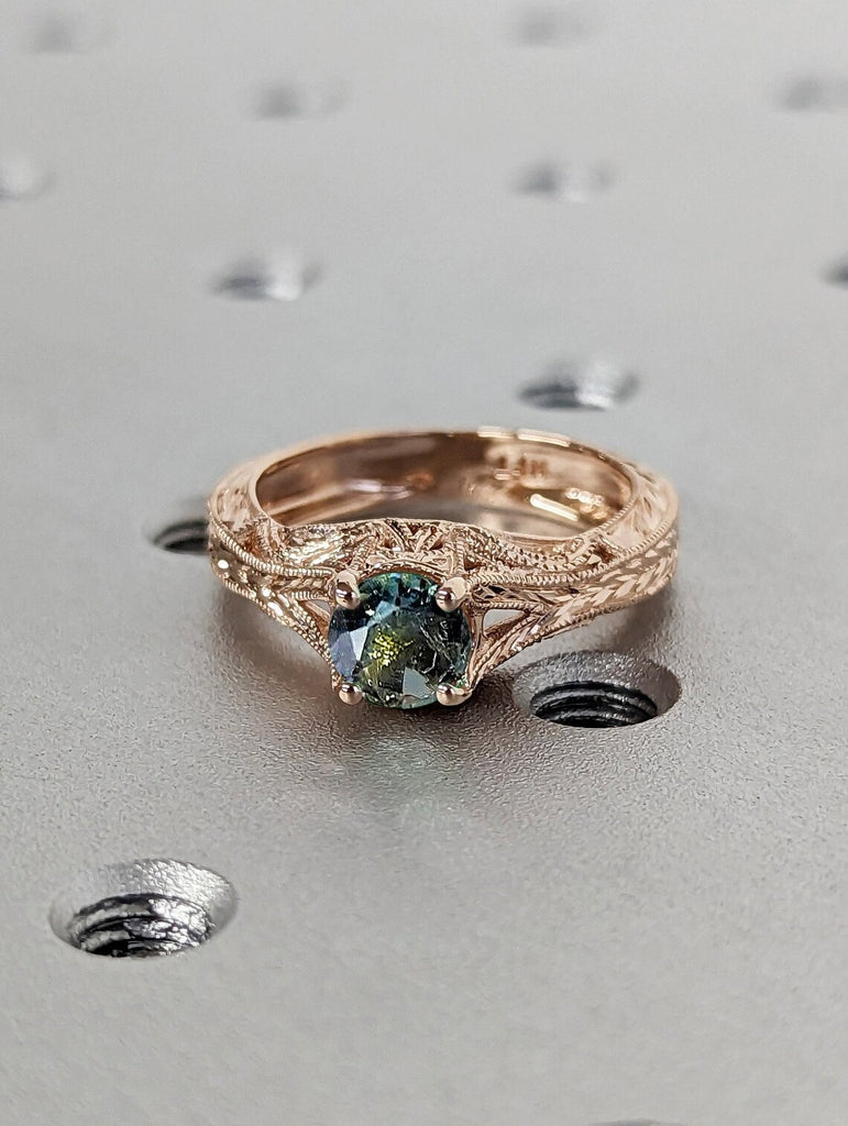 Art Deco Split Shank Montana Teal Sapphire Engagement Cocktail Ring | 14K 18K Rose Gold Milgrain Filigree Engraving Women Wedding Band