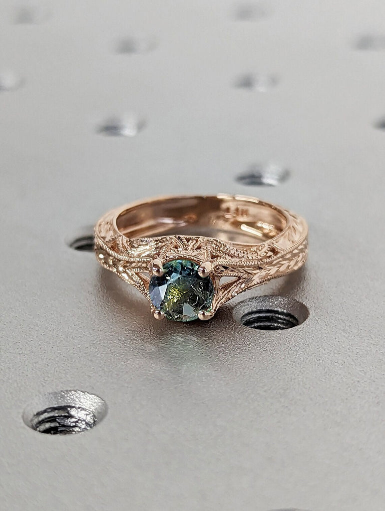 Round cut Natural Peacock Sapphire Solitaire Vintage Proposal Ring for Her | Rose Gold Art Deco Square Shape Band | Unique Anniversary Gift