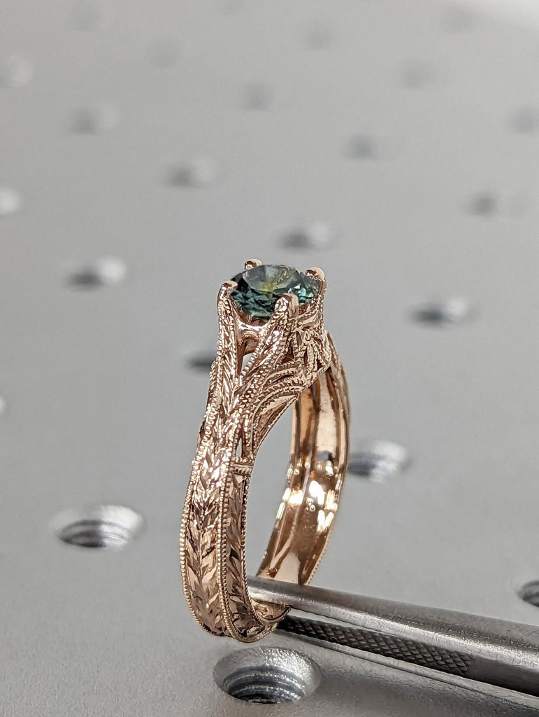 Round cut Natural Peacock Sapphire Solitaire Vintage Proposal Ring for Her | Rose Gold Art Deco Square Shape Band | Unique Anniversary Gift