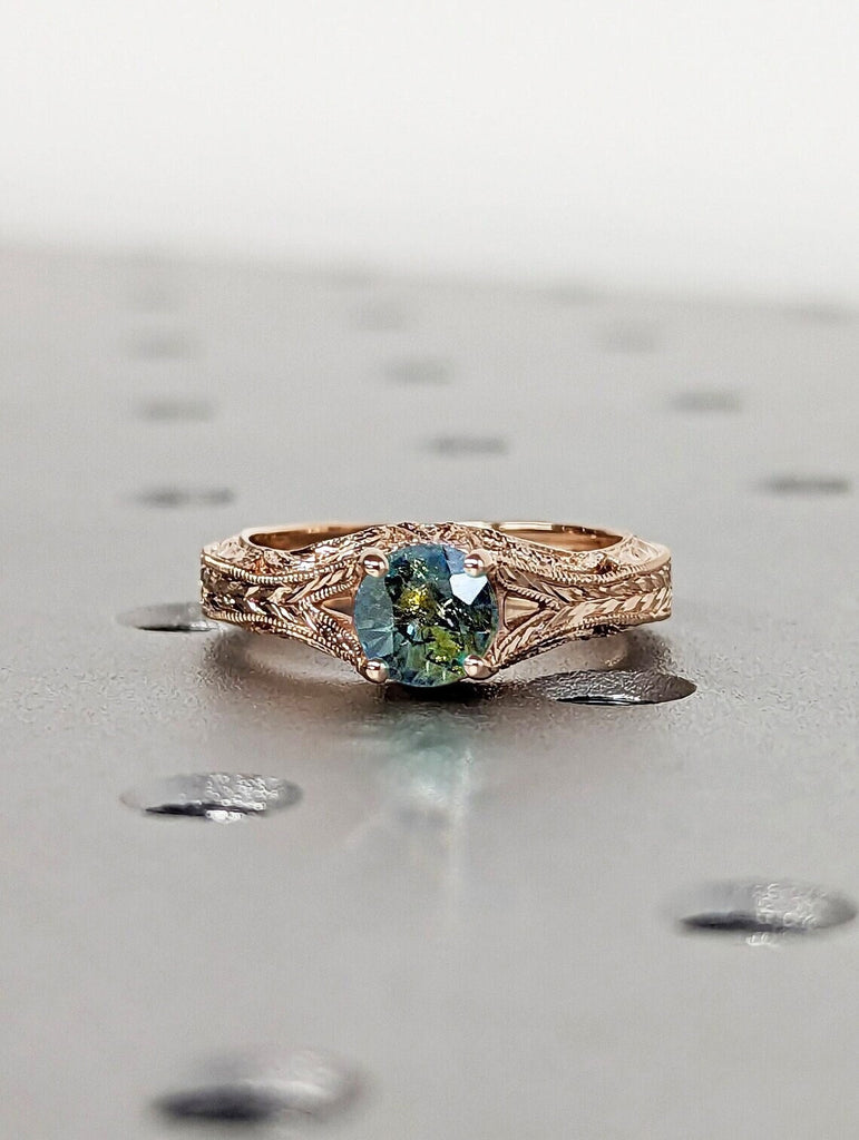 Round cut Natural Montana Teal Sapphire Solitaire Vintage Milgrain Women Engagement Cocktail Ring 14K 18K Rose Gold