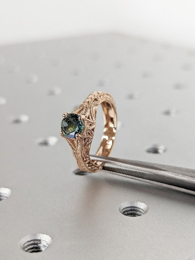 Round cut Natural Teal Montana Sapphire Solitaire Art Deco Women Engagement Cocktail Ring 14K 18K Rose Gold