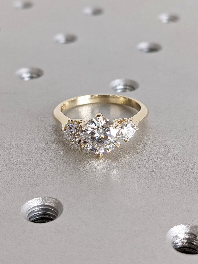 Round cut Moissanite Three Stone Trellis Engagement Ring | 14K Yellow Gold Multi Stone Unique Proposal Ring | Alternative Bridal Jewelry