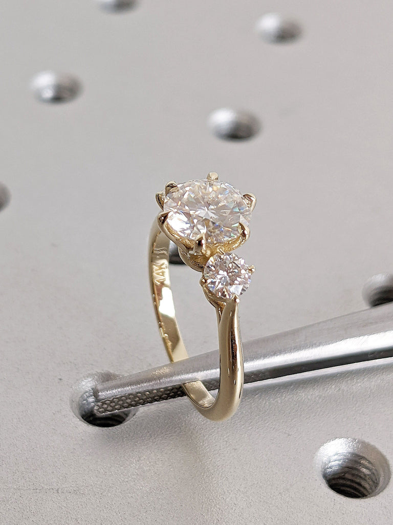 Three Stone Round Lab Grown Trellis Unique Proposal Ring for Her Yellow Gold Band