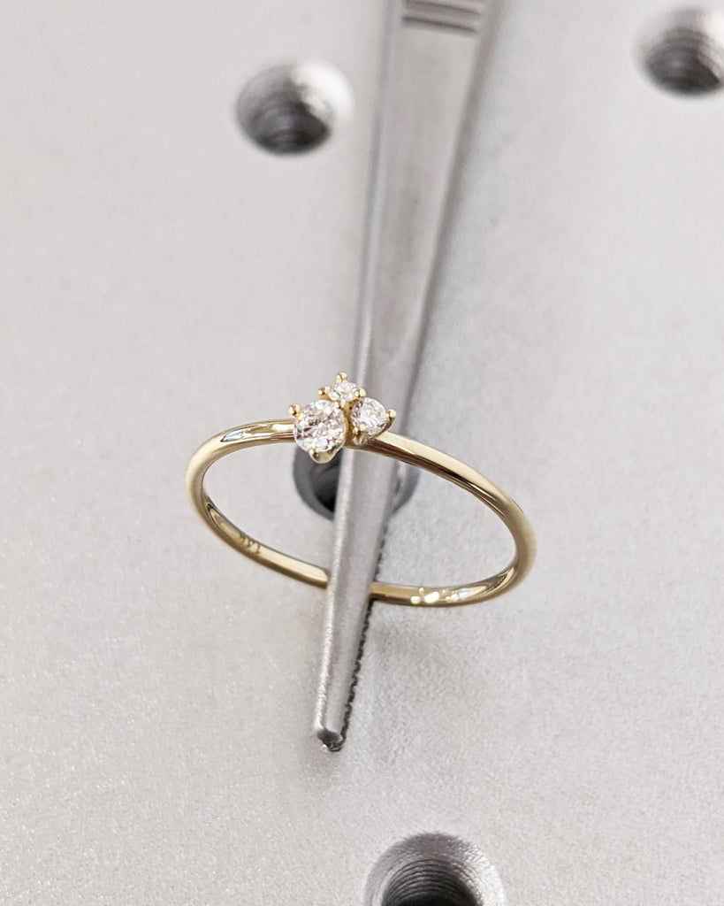 Petite Trellis Set Engagement Ring, Dainty Band Trio Round Cut Natural Diamond/Lab Diamond/Moissanite Promise Ring, 14K/18K Gold or Platinum