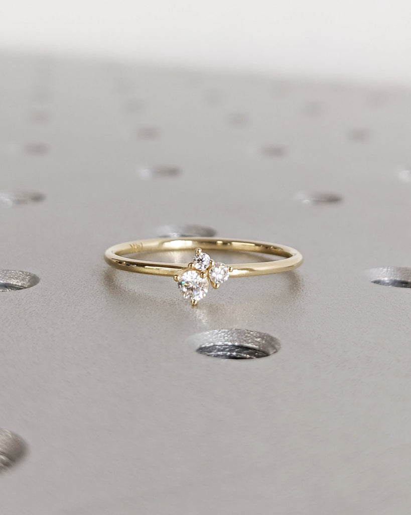 Minimalist Tiny Round cut Diamond, Moissanite or Lab Created Diamond Proposal Bridal Ring | Yellow Gold Multi Stone Engagement Ring for Her