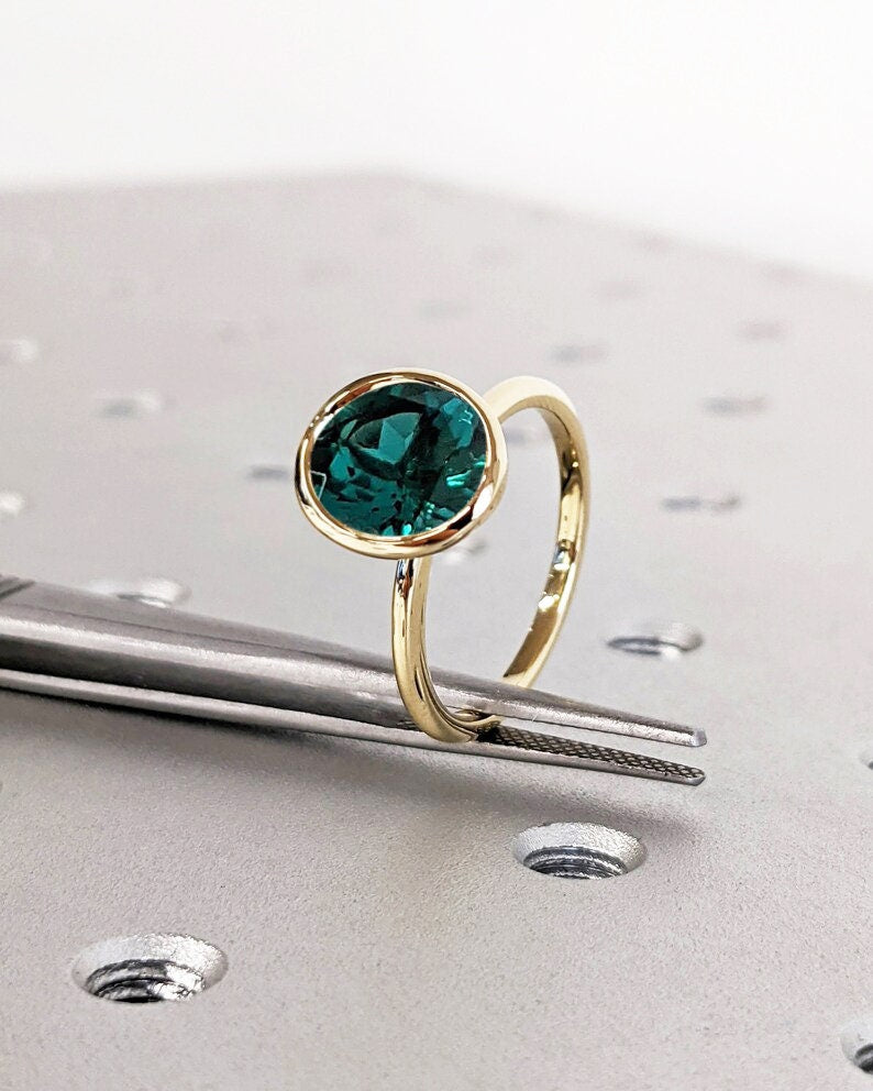 Unique May Birthstone Ring, Round Cut Emerald Engagement Ring, Bezel Set Emerald Anniversary Ring For Women, Vintage Solitaire Promise Ring