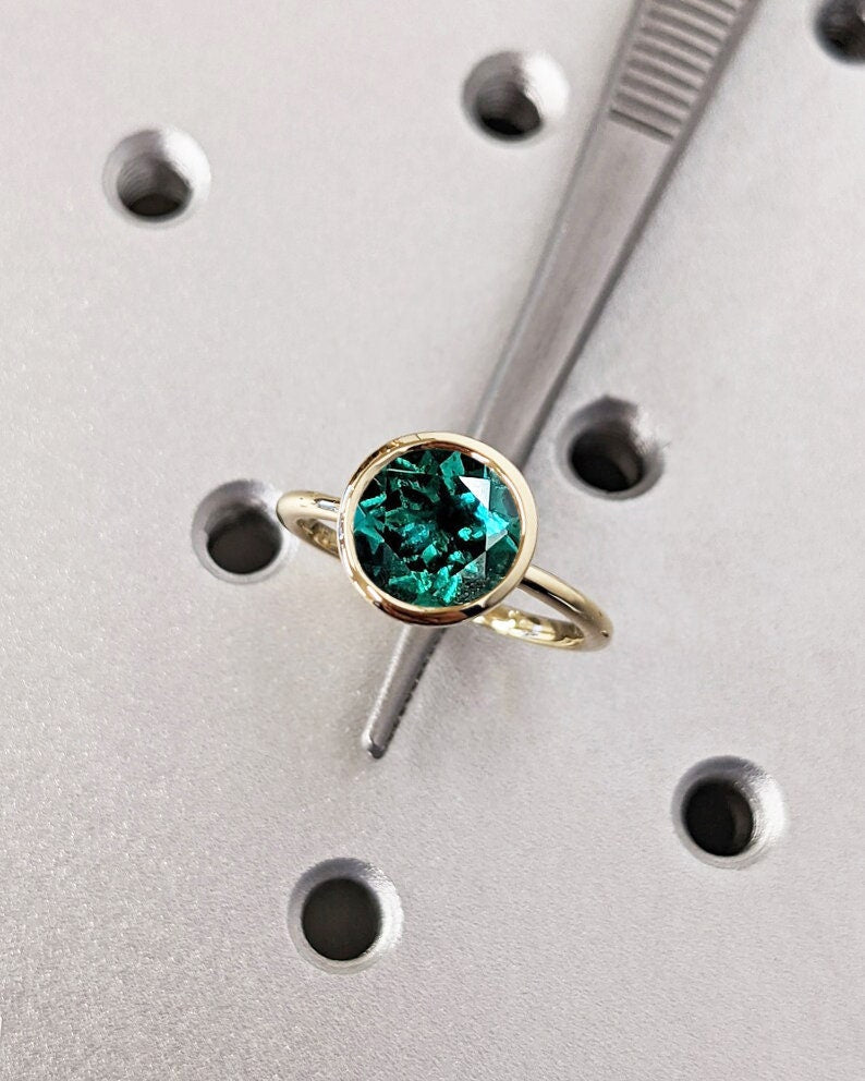 Unique May Birthstone Ring, Round Cut Emerald Engagement Ring, Bezel Set Emerald Anniversary Ring For Women, Vintage Solitaire Promise Ring