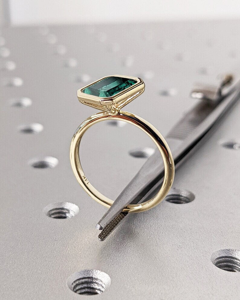 Unique May Birthstone Ring, Emerald Cut Emerald Engagement Ring, Bezel Set Emerald Anniversary Ring For Her, Vintage Solitaire Promise Ring