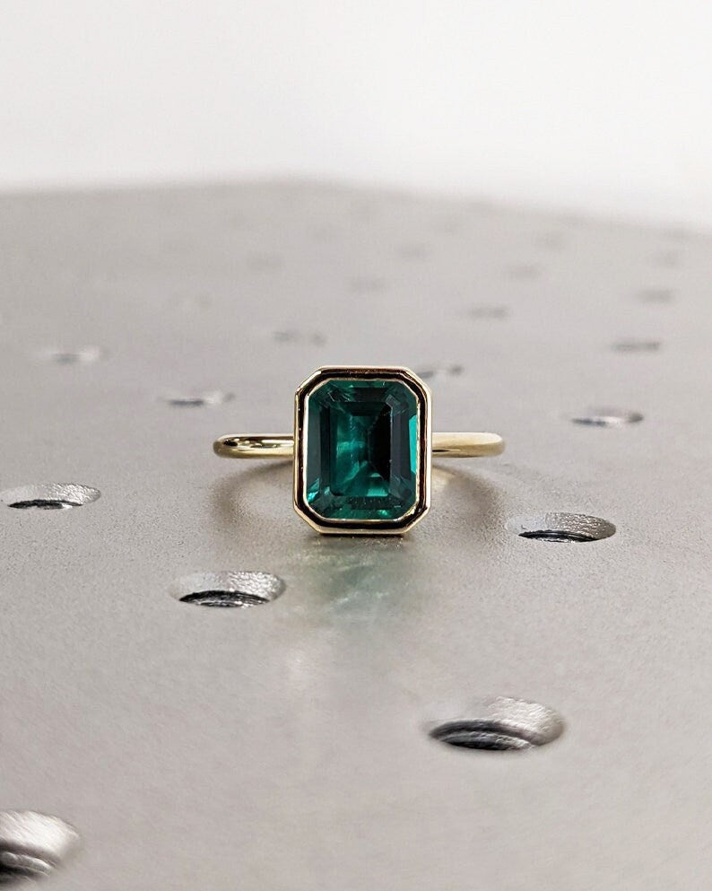 Unique May Birthstone Ring, Emerald Cut Emerald Engagement Ring, Bezel Set Emerald Anniversary Ring For Her, Vintage Solitaire Promise Ring