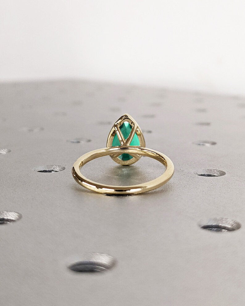 Unique May Birthstone Ring, Pear Cut Emerald Engagement Ring, Bezel Set Emerald Anniversary Ring For Women, Vintage Solitaire Promise Ring