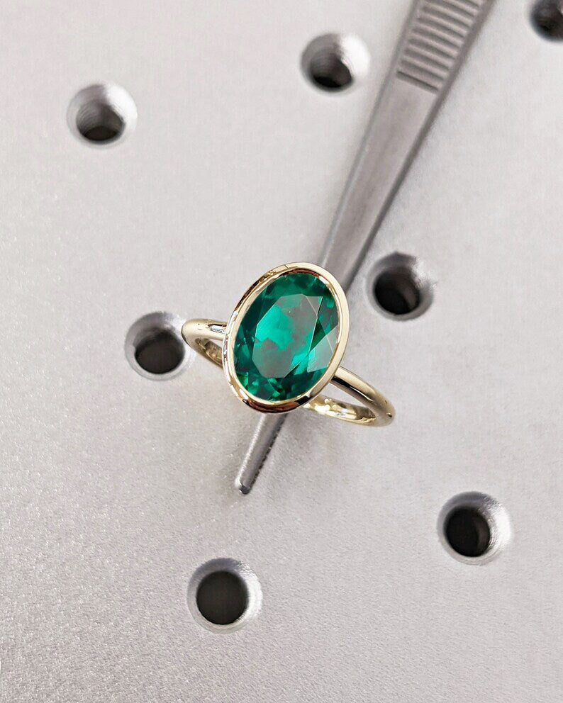 Unique May Birthstone Ring, Oval Cut Emerald Engagement Ring, Bezel Set Emerald Anniversary Ring For Women, Vintage Solitaire Promise Ring