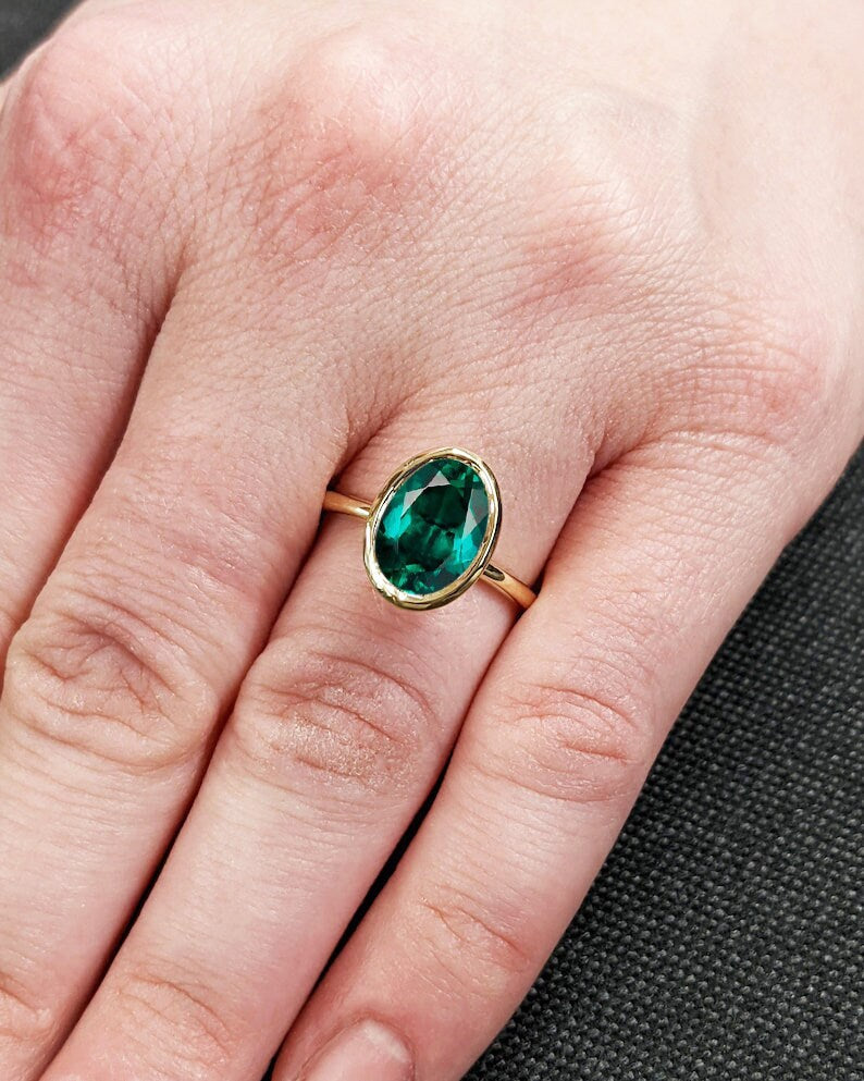 Unique May Birthstone Ring, Oval Cut Emerald Engagement Ring, Bezel Set Emerald Anniversary Ring For Women, Vintage Solitaire Promise Ring