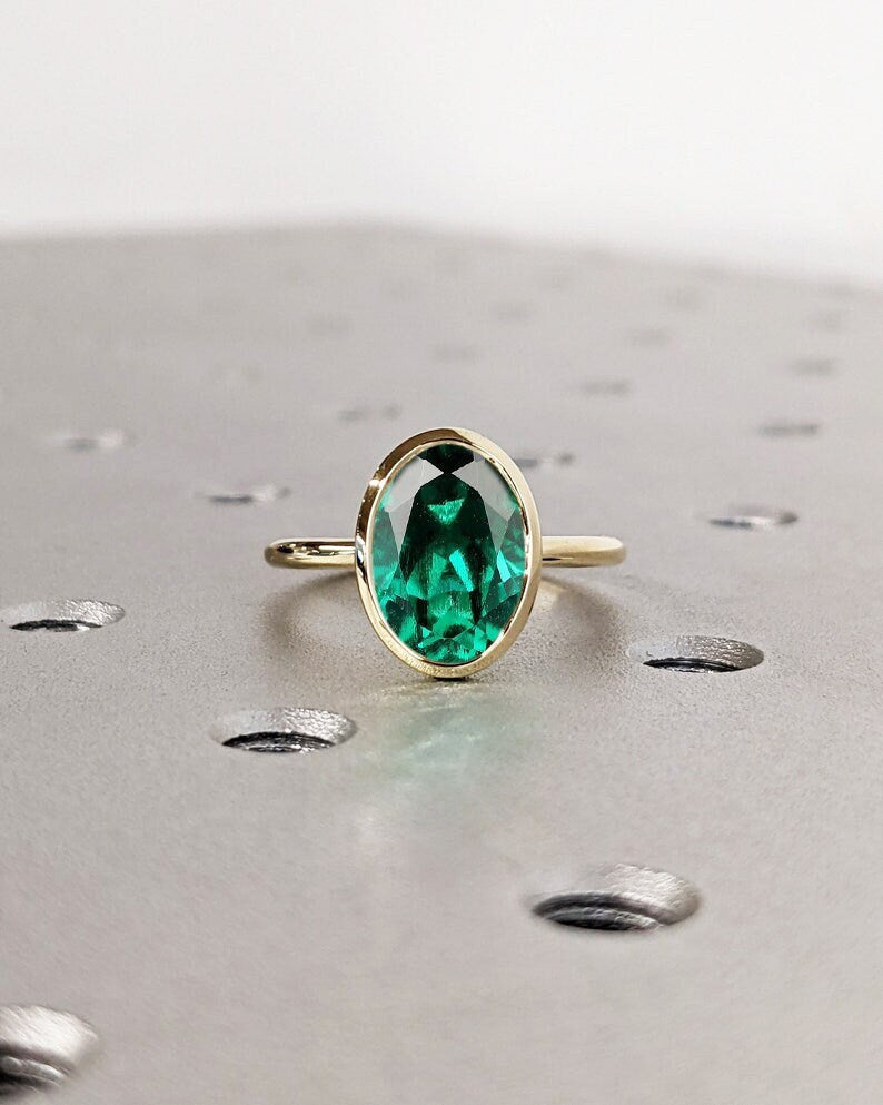 Unique May Birthstone Ring, Oval Cut Emerald Engagement Ring, Bezel Set Emerald Anniversary Ring For Women, Vintage Solitaire Promise Ring