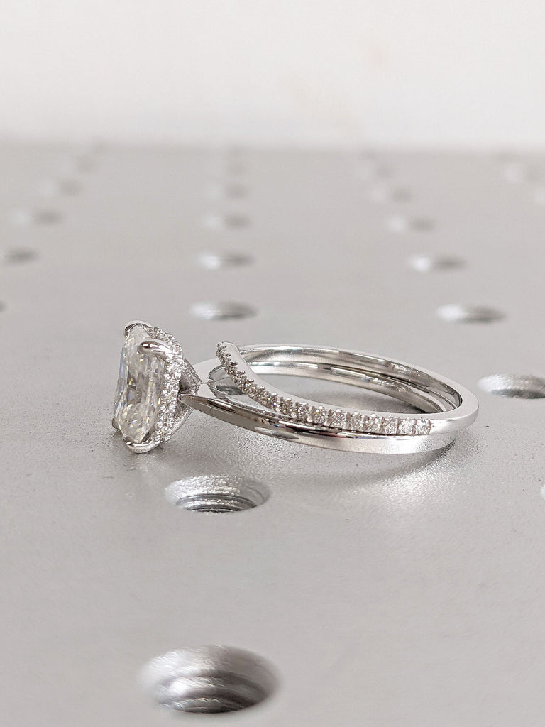 Solid Gold Radiant Cut Moissanite Women Wedding Anniversary Ring Set | Unique Rectangular Moissanite Bridal Set, Stacking Half Eternity Band