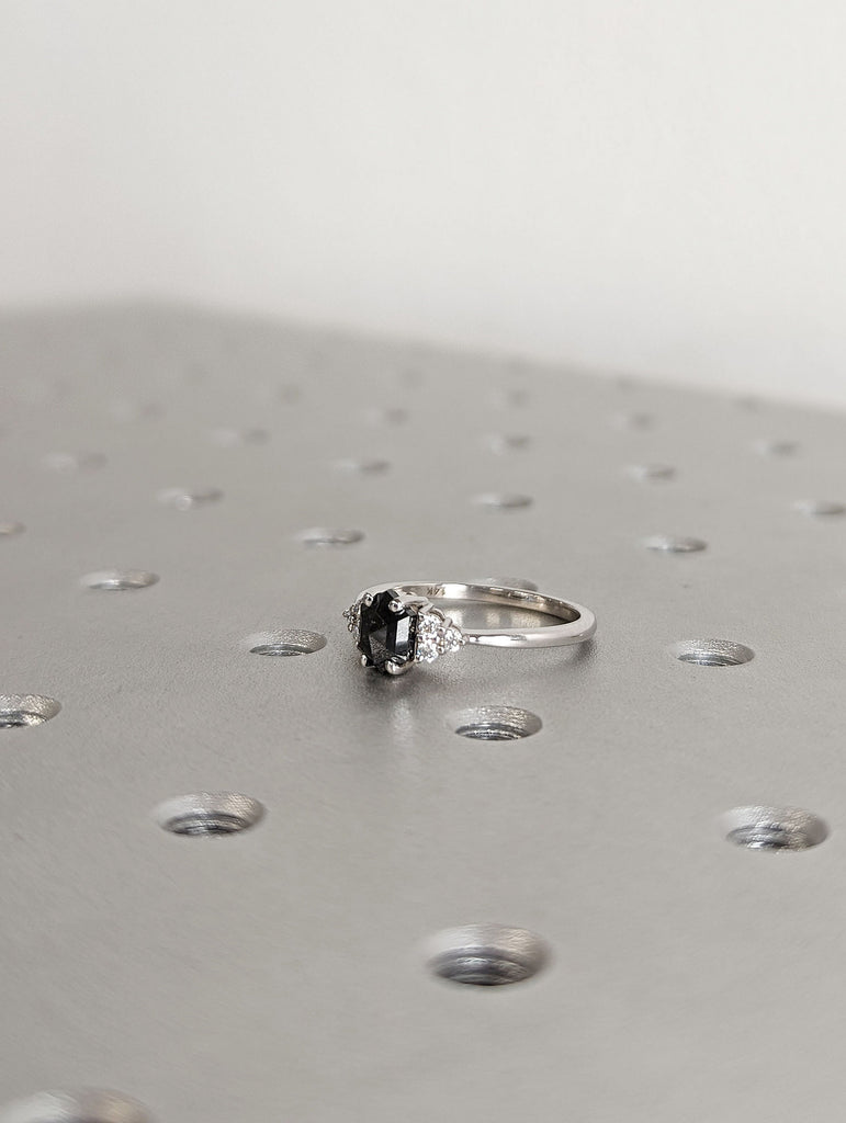 Hexagon cut Natural Salt and Pepper Galaxy Diamond Engagement Cocktail Ring for Her | White Gold, Platinum Moissanite Cluster Proposal Ring