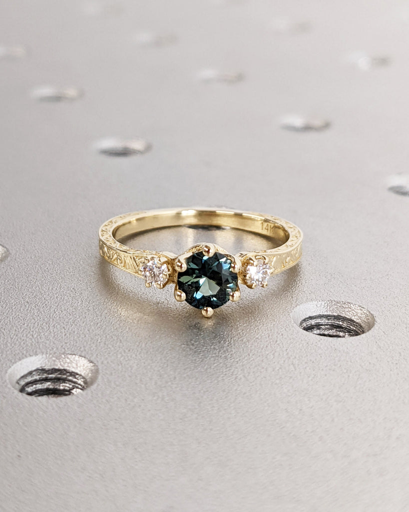 One of a Kind Montana Sapphire Ring, Blue Sapphire Diamond Trellis Ring, Vintage Inspired Blue Sapphire Engagement Ring, 14K Gold Green Teal