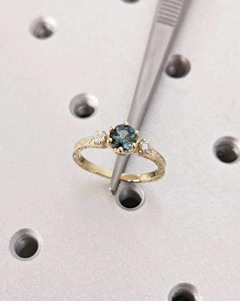 One of a Kind Montana Sapphire Ring, Blue Sapphire Diamond Trellis Ring, Vintage Inspired Blue Sapphire Engagement Ring, 14K Gold Green Teal