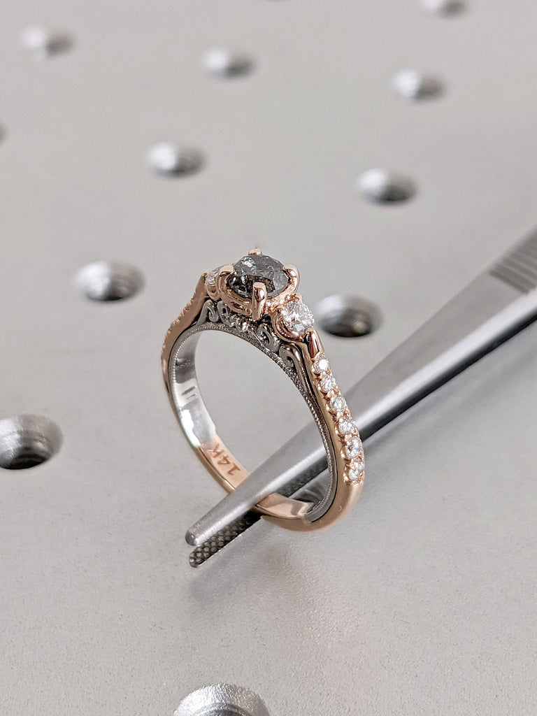 0.5ct Round cut Salt and Pepper Galaxy Diamond Dual Tone Rose White Gold Unique Proposal Ring for Her